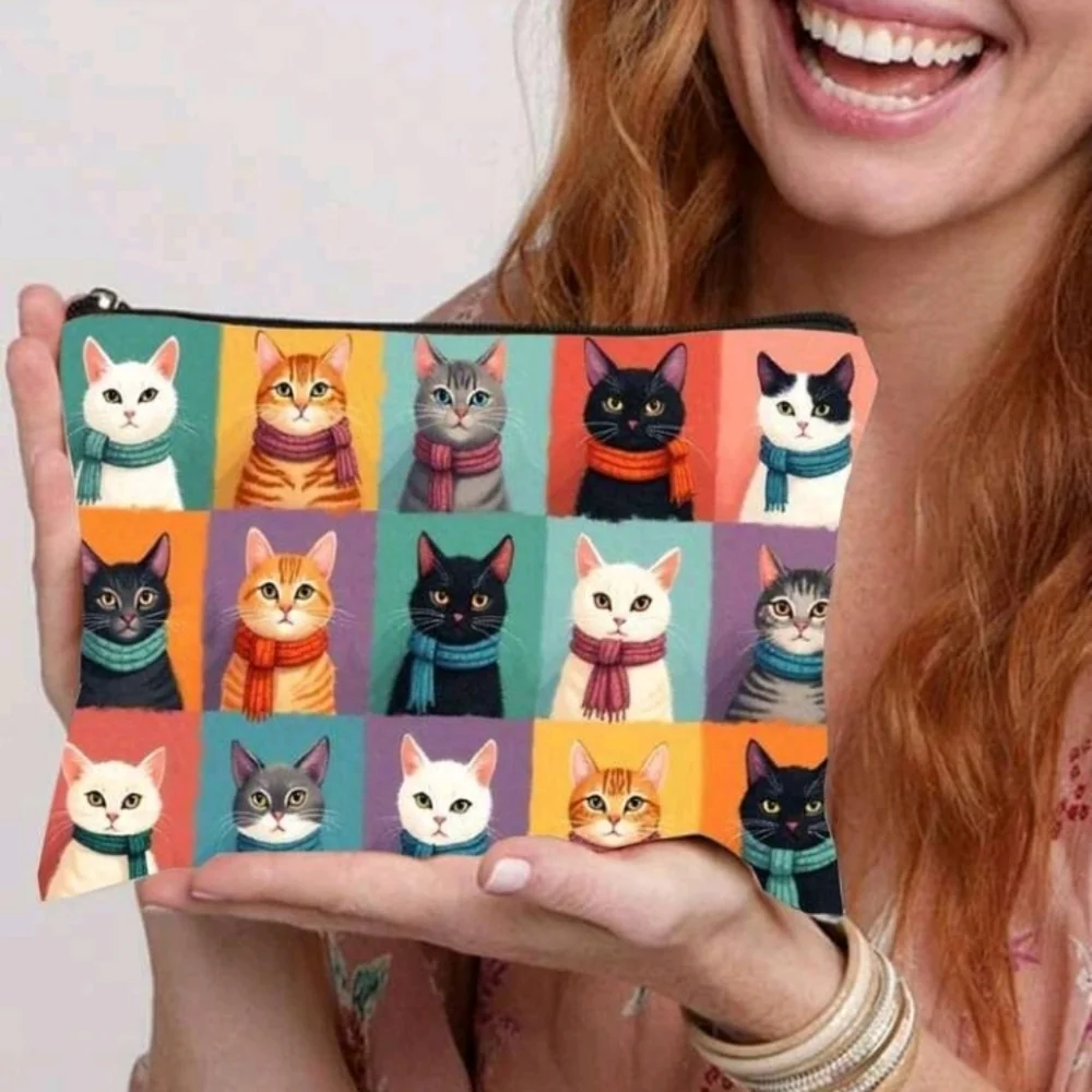 Colorful Cat Print Colorblock Canvas Travel Pouch Zipper Cat Lover Purse
